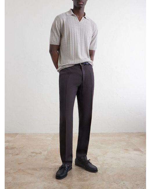 Boglioli White Open-Collar Ribbed Linen And Cotton-Blend Polo Shirt for men