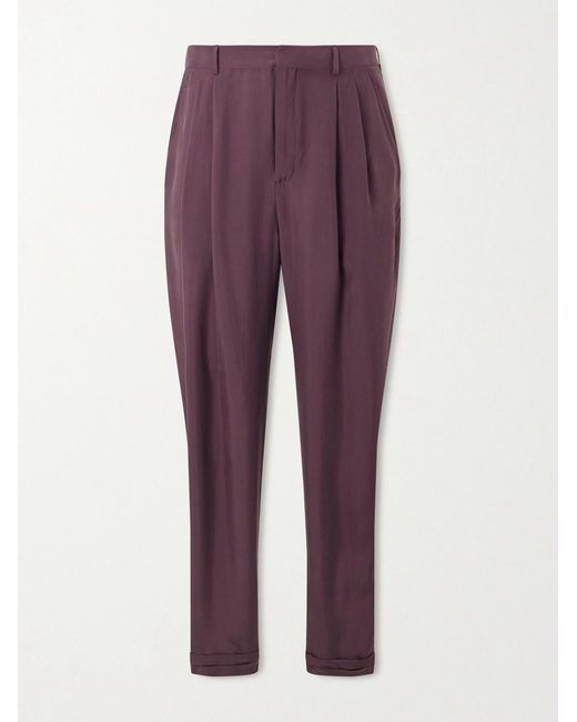 Saint Laurent Purple Tapered Belted Pleated Silk Trousers for men