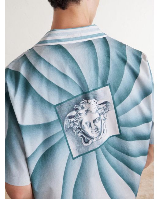 Versace Blue Camp-Collar Cotton-Poplin Shirt for men