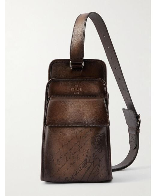 Berluti Brown Périple Sling Scritto Venezia Softy Leather Belt Bag for men