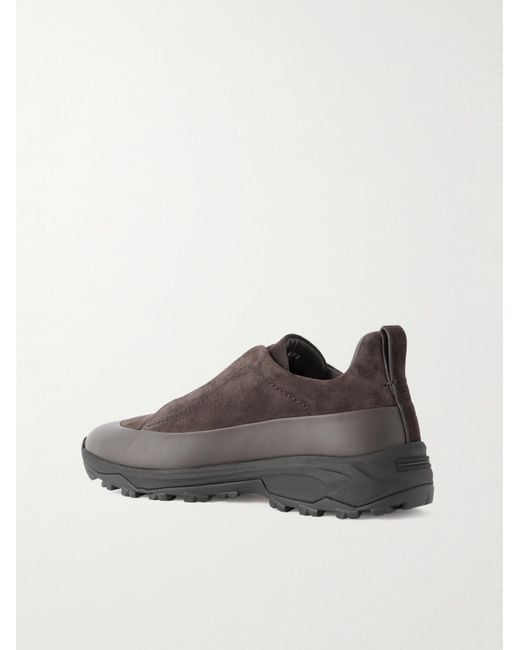 Zegna Brown Triple Stitch Monte Rubber-Trimmed Suede Slip-On Sneakers for men