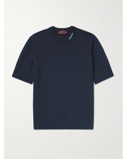 Gucci Blue Silk Cotton T-shirt With Intarsia for men
