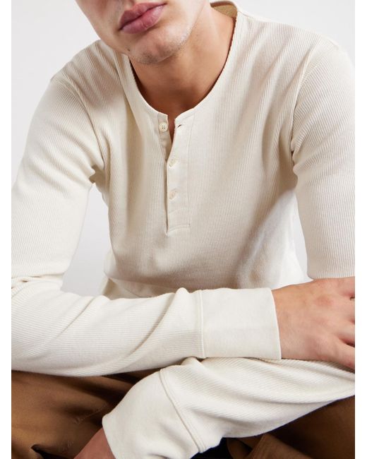 Lemaire White Henley Ribbed Cotton T-Shirt for men