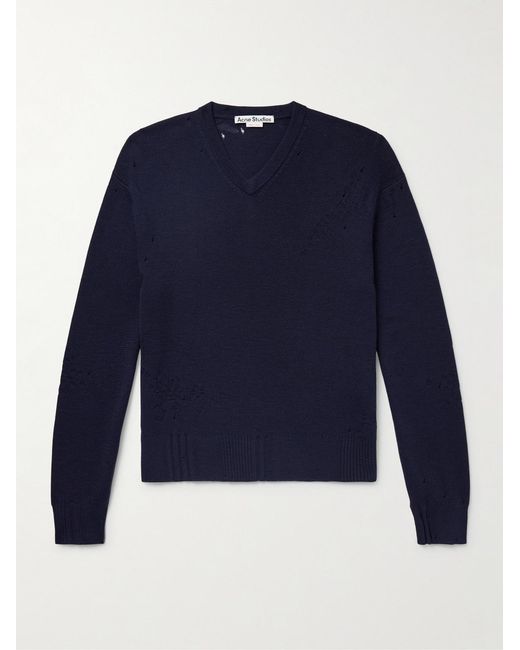 Acne Blue Kerinos Distressed Wool-Blend Sweater for men