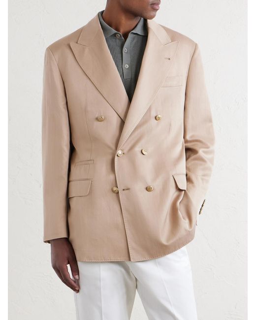 Brunello Cucinelli Natural Double-Breasted Silk And Linen-Blend Twill Blazer for men