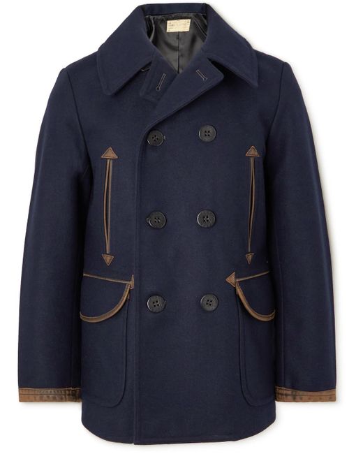 RRL Blue Oakland Double-breasted Leather-trimmed Wool-blend Coat for men