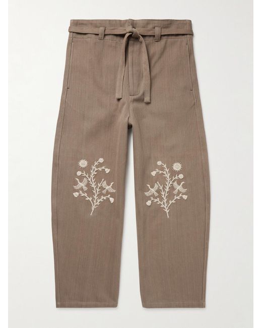 Kartik Research Natural Fauji Belted Embellished Embroidered Cotton-Twill Wide-Leg Trousers for men