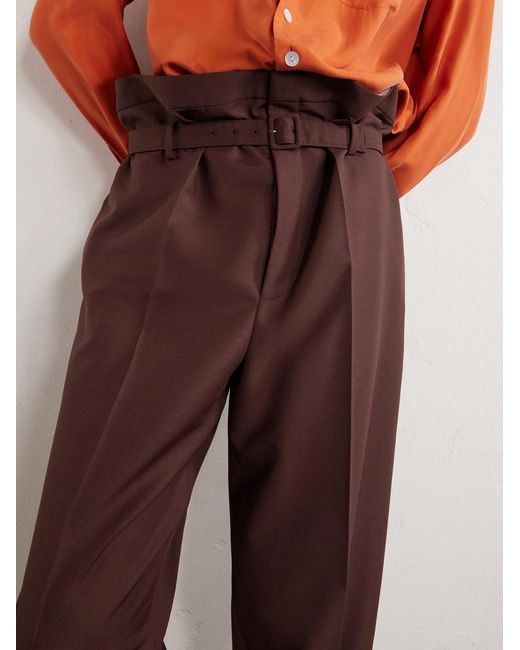 Saint Laurent Brown Tapered Belted Pleated Wool And Mohair-Blend Trousers for men