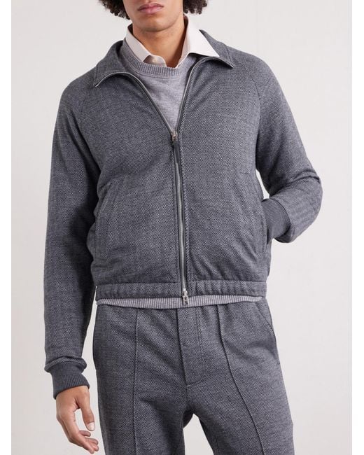 Tom Ford Blue Herringbone Cotton, Wool And Silk-Blend Jacket for men