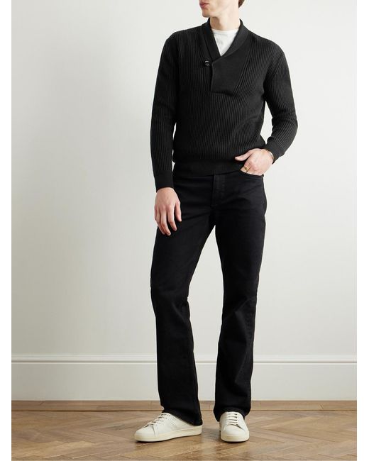 Tom Ford Black Slim-Fit Shawl-Collar Ribbed Merino Wool-Blend Half-Placket Sweater for men