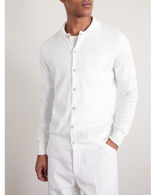 Brunello Cucinelli White Ribbed Cotton Polo Shirt for men