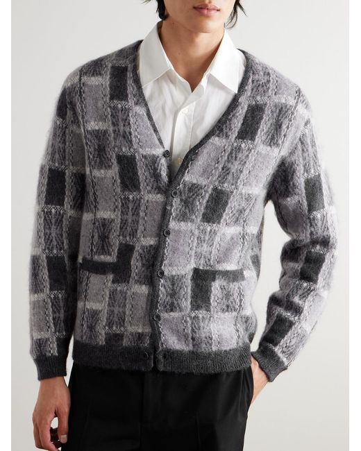 Beams Plus Gray Brushed Checked Jacquard Cardigan for men