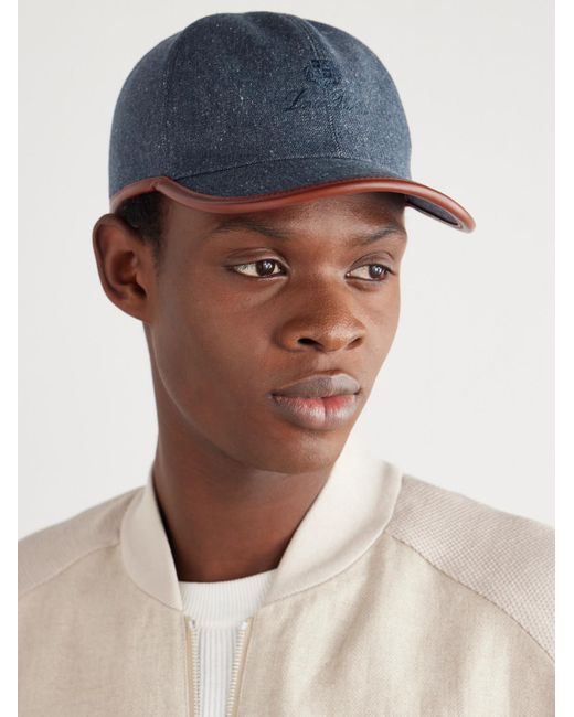 Loro Piana Blue Leather-trimmed Logo-embroidered Denim Baseball Cap for men