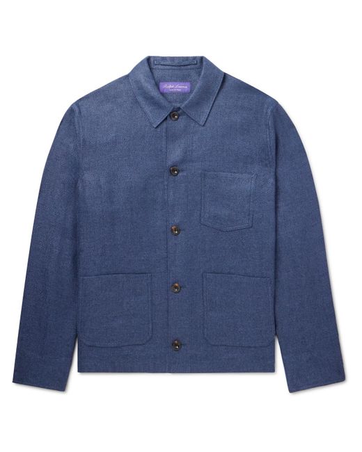 Ralph Lauren Purple Label Blue Burnham Herringbone Linen And Silk-blend Overshirt for men