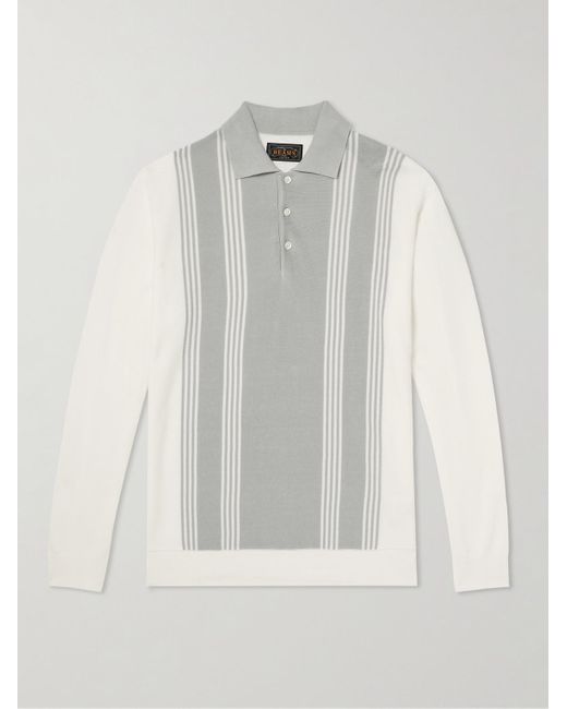 Beams Plus White Striped Knitted Polo Shirt for men