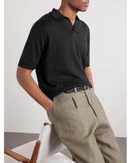 Thom Sweeney Black Linen And Cotton-blend Polo Shirt for men
