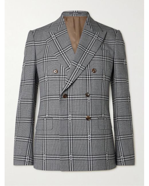 Giacca doppiopetto slim-fit in lana a quadri con logo jacquard di Gucci in Gray da Uomo