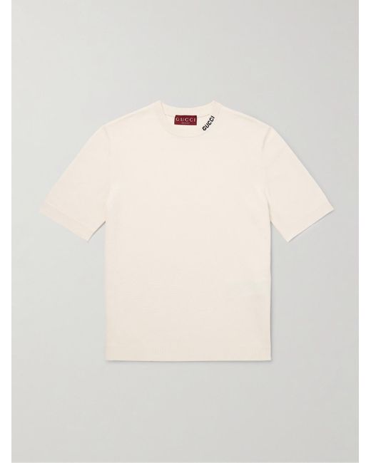 T-shirt in misto seta e cotone con logo a intarsio di Gucci in Natural da Uomo
