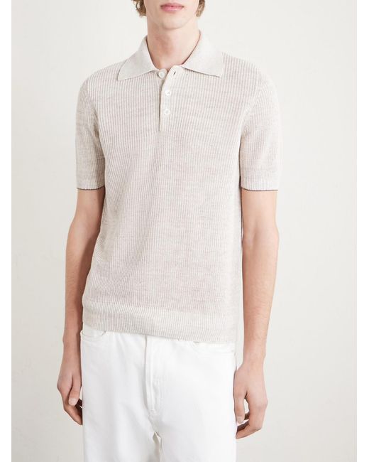 Brunello Cucinelli White Ribbed Linen And Cotton-blend Polo Shirt for men