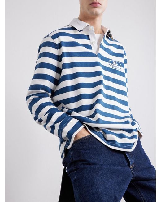 Burberry Blue Logo-Embroidered Striped Cotton Polo Sweater for men