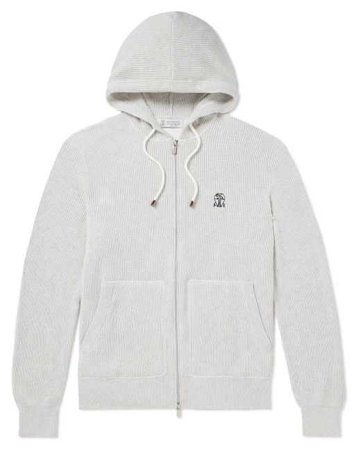 Brunello Cucinelli White Logo-embroidered Ribbed Cotton Zip-up Hoodie for men