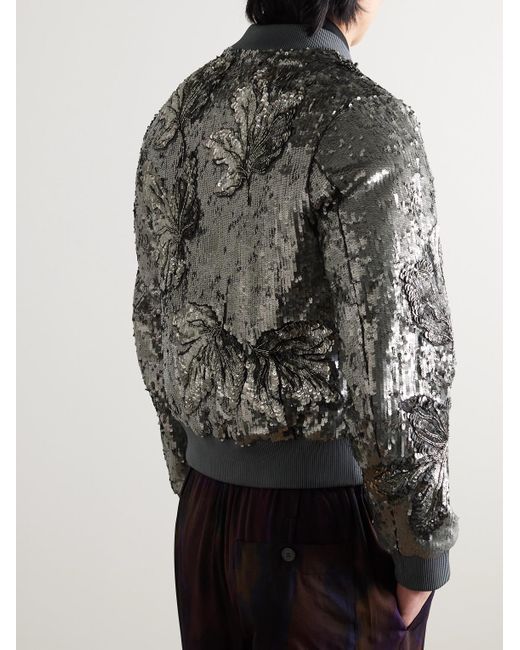 Dries Van Noten Gray Embellished Sequinned Cotton Bomber Jacket for men