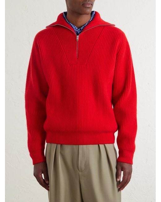 Jil Sander Red Ribbed Wool Zip-Up Sweater for men