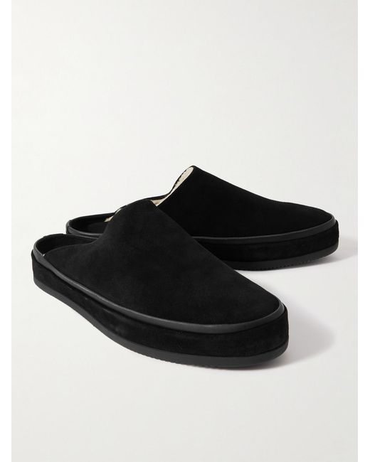 Mulo Black Shearling-Lined Suede Slippers for men
