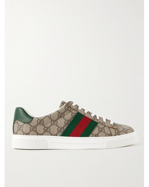 Gucci Brown Ace Leather And Webbing-trimmed Monogrammed Canvas Sneakers for men