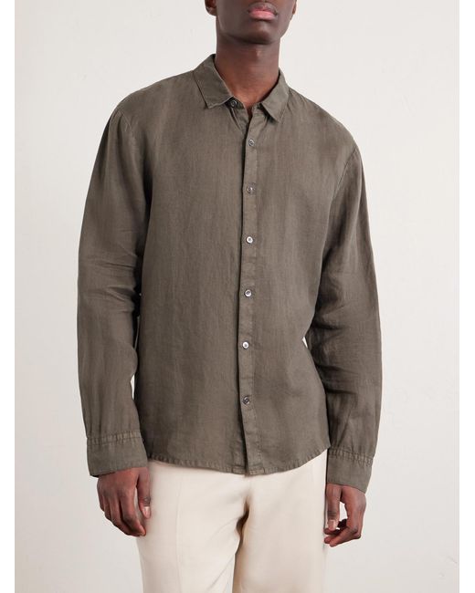 James Perse Green Garment-Dyed Linen Shirt for men