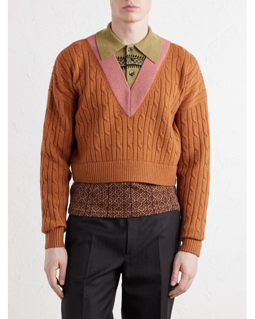 Dries Van Noten Orange Jacquard-trimmed Cable-knit Wool And Cotton-blend Sweater for men