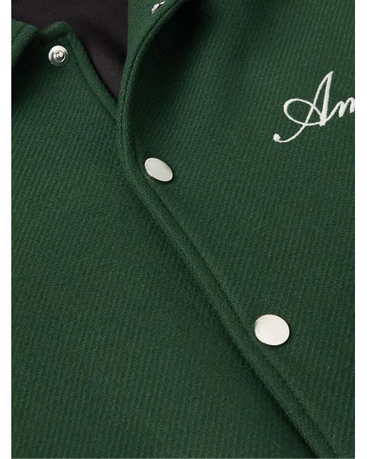Amiri Green Bones Leather-trimmed Appliquéd Melton Wool-blend Varsity Jacket for men