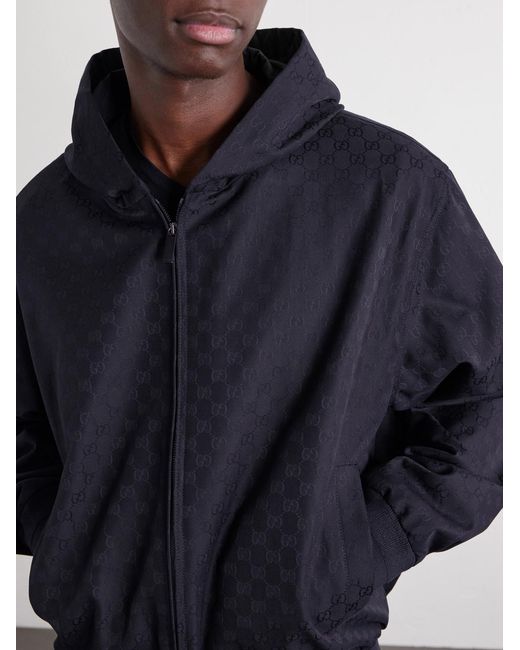 Gucci Blue Logo-Jacquard Cotton-Canvas Hooded Jacket for men