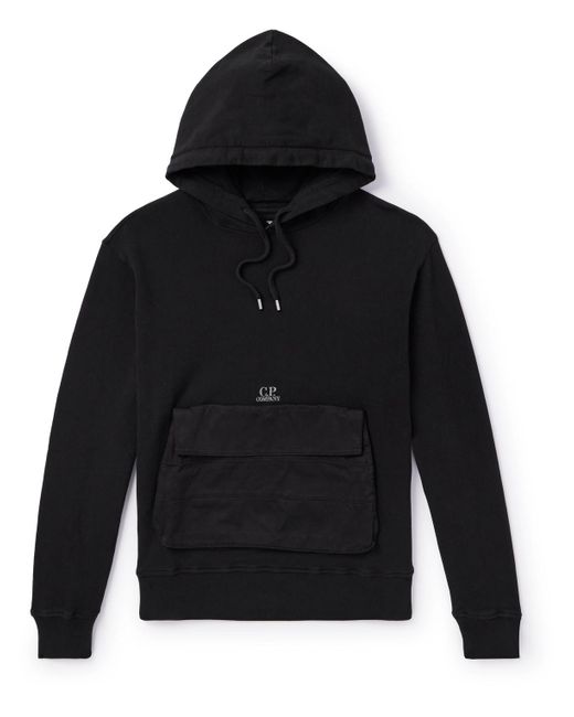 C P Company Black Logo-embroidered Poplin-trimmed Cotton-jersey Hoodie for men