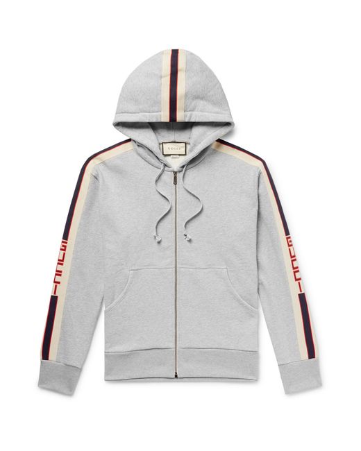 Gucci Gray Logo Webbing-trimmed Loopback Cotton-jersey Zip-up Hoodie for men