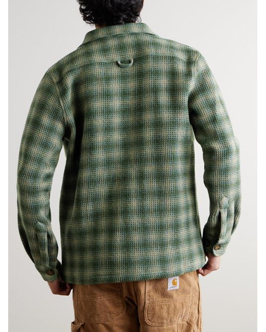 Portuguese Flannel Green Waffle-Knit Checked Wool Overshirt for men