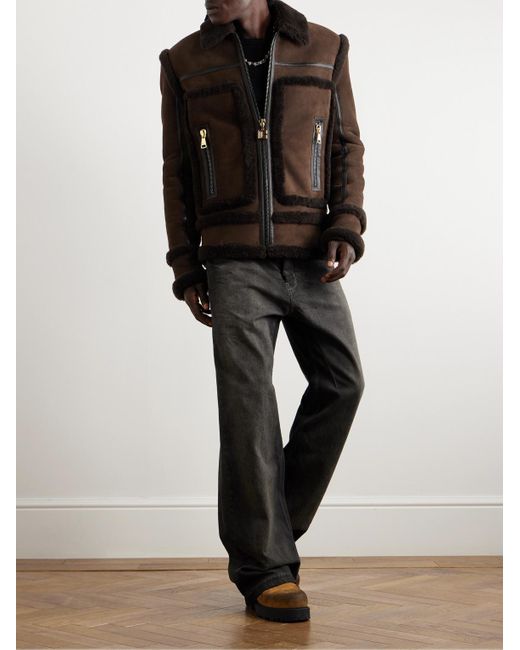 Balmain Black Leather-trimmed Shearling Jacket for men