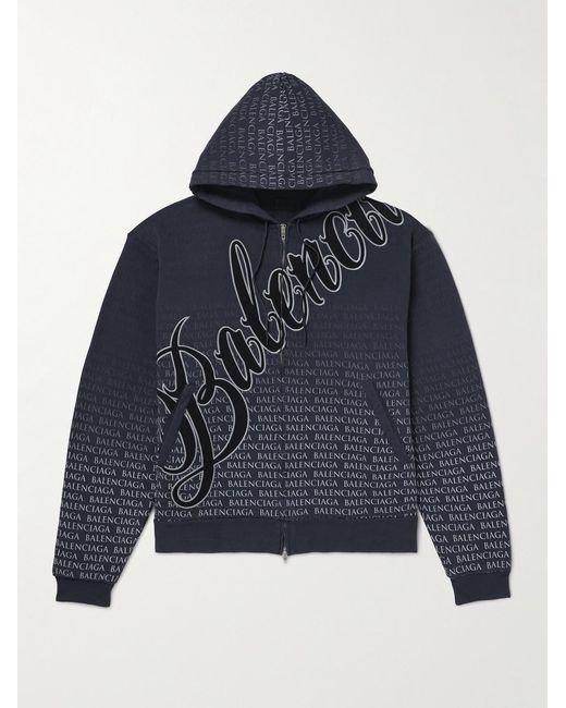 Balenciaga Blue Oversized Logo-Appliquéd Printed Cotton-Jersey Zip-Up Hoodie for men