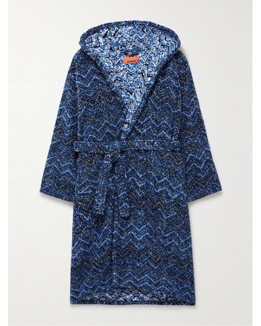 Missoni Morgenmantel aus Baumwollfrottee mit gestreiftem Jacquard-Muster und Kapuze in Blue für Herren