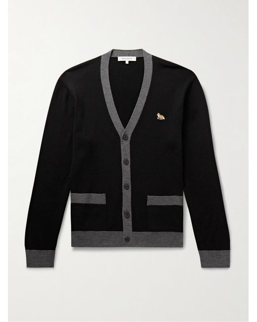 Cardigan in lana bicolore con logo applicato di Maison Kitsuné in Black da Uomo