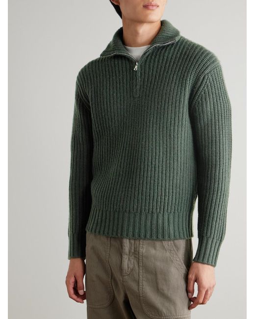 Ribbed Wool And Cashmere-Blend Half-Zip Sweater di Mr P. in Green da Uomo