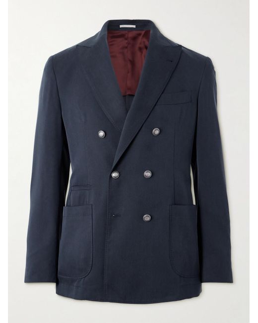 Brunello Cucinelli Blue Double-breasted Silk Suit Jacket for men