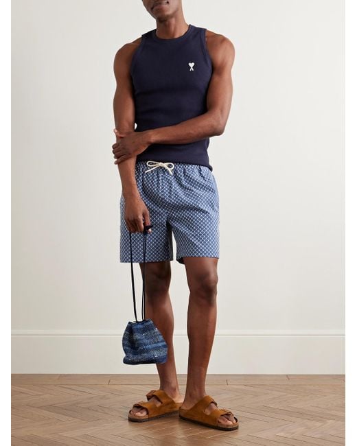 Portuguese Flannel Blue Straight-leg Organic Cotton-blend Jacquard Drawstring Shorts for men