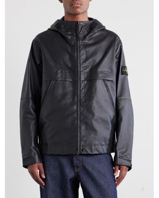 Stone Island Black Logo-Appliquéd Leather Hooded Jacket for men