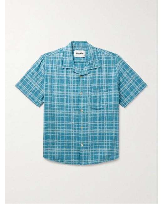 Corridor NYC Blue Camp-collar Checked Cotton And Linen-blend Shirt for men