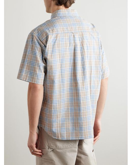 Carhartt Blue Niven Button-Down Collar Logo-Embroidered Checked Cotton And Linen-Blend Shirt for men