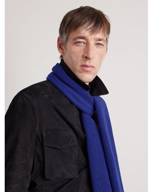 William Lockie Blue Ribbed Cashmere Scarf for men