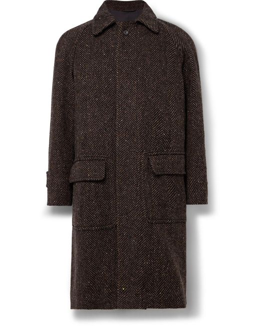 Drake's Brown Herringbone Wool Overcoat for men