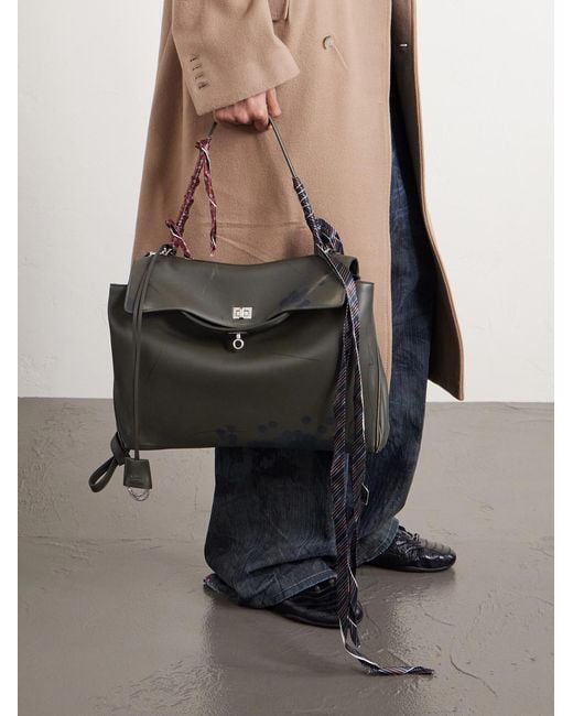 Balenciaga Black Rodeo Large Distressed Satin-Trimmed Printed Leather Tote Bag for men