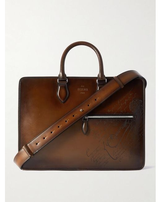 Berluti Brown 2 Jour Neo Scritto Venezia Leather Briefcase for men